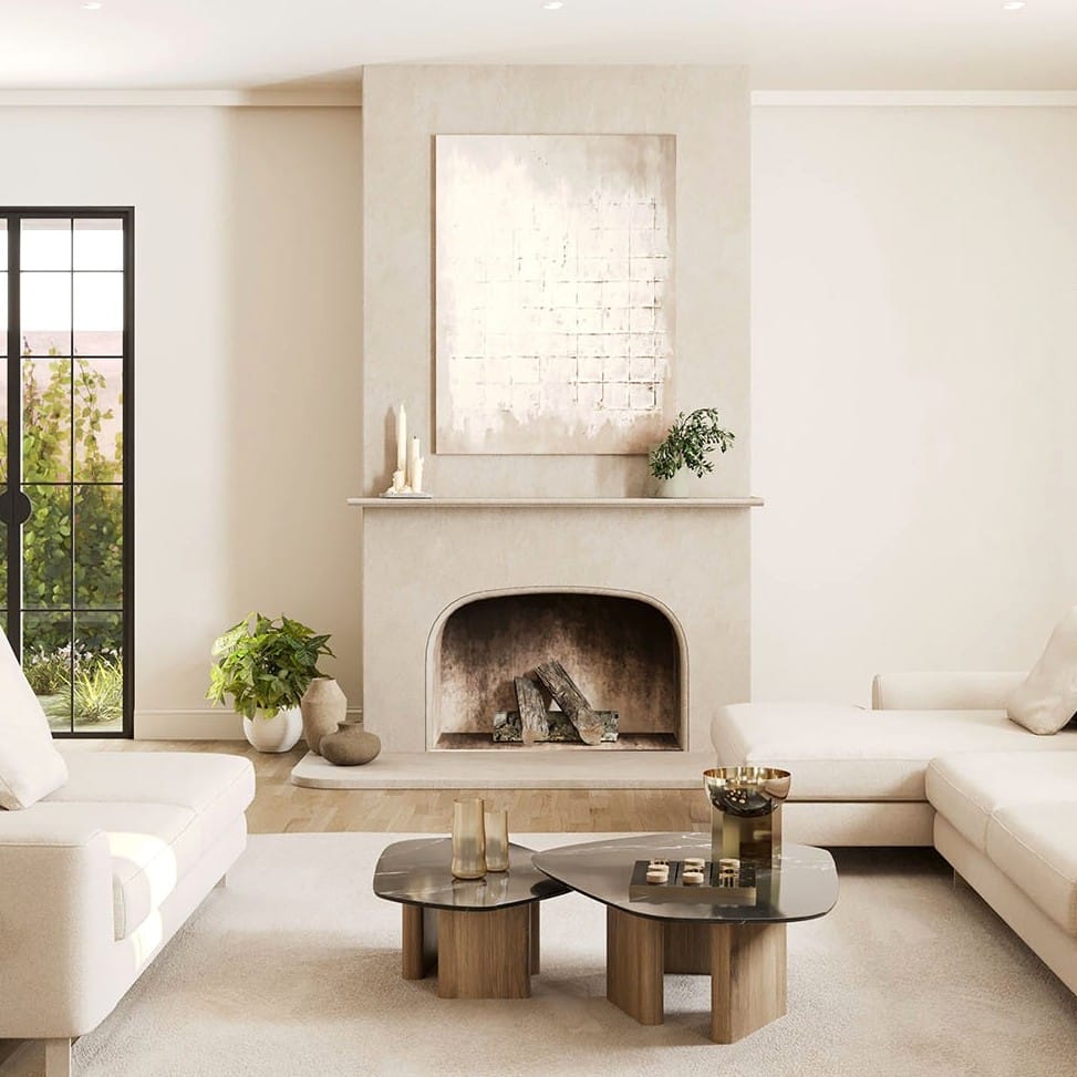 Bright fireplace in French and Mediterranean style.