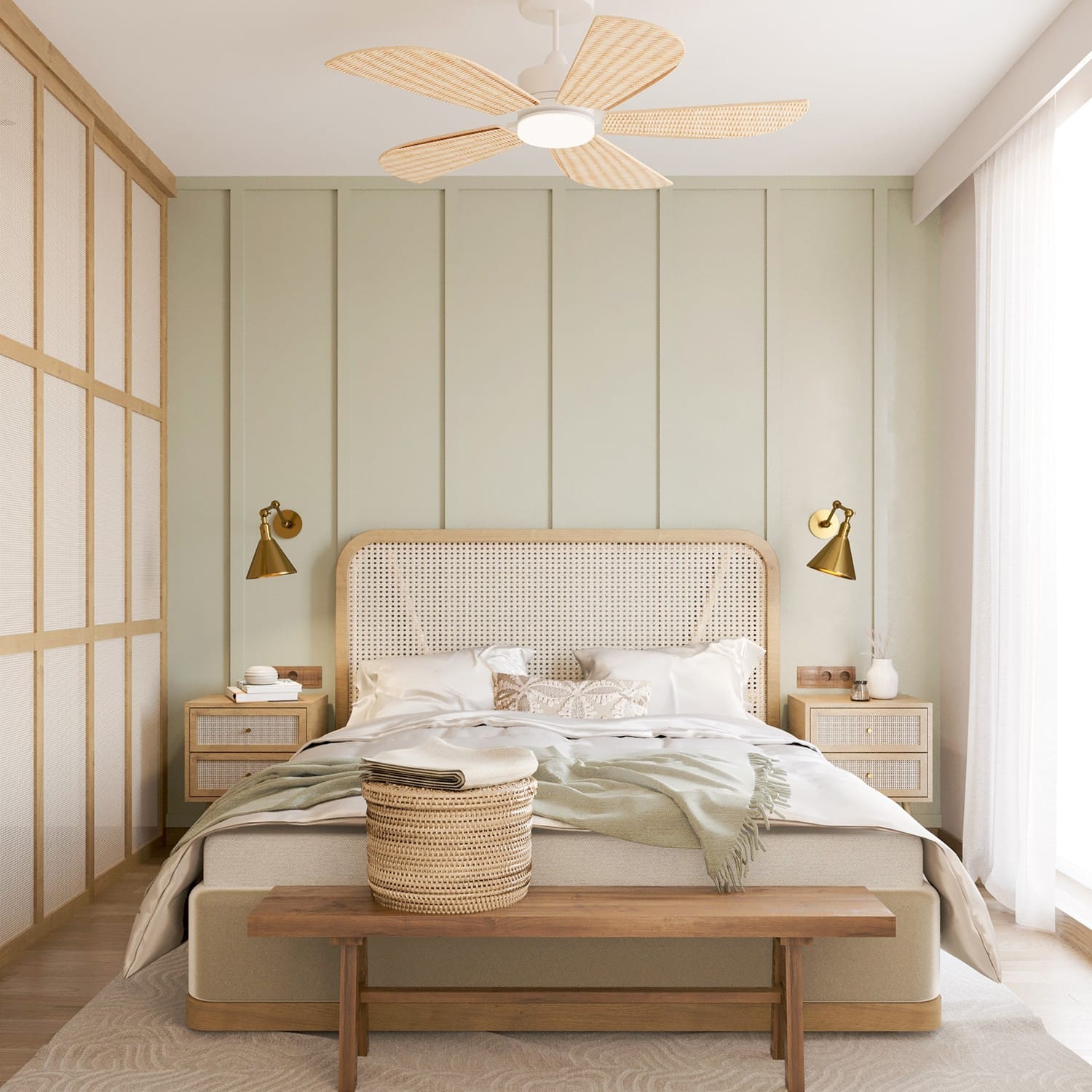 Provence-style bedroom with sliding rattan wardrobe in Katowice.
