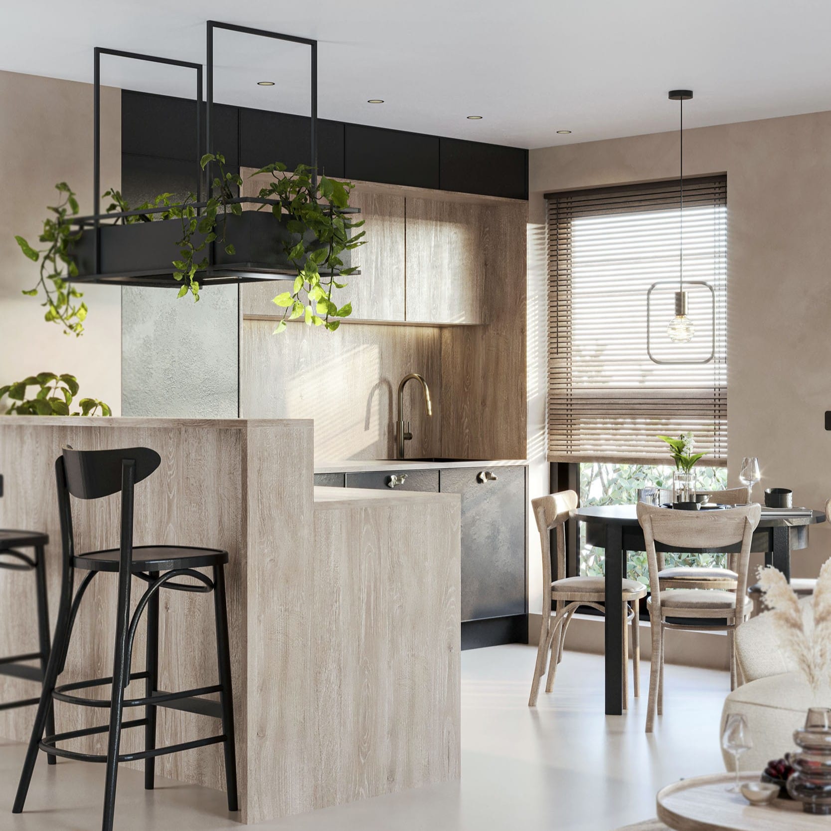 Black kitchen with wooden wall cabinets and kitchen island.