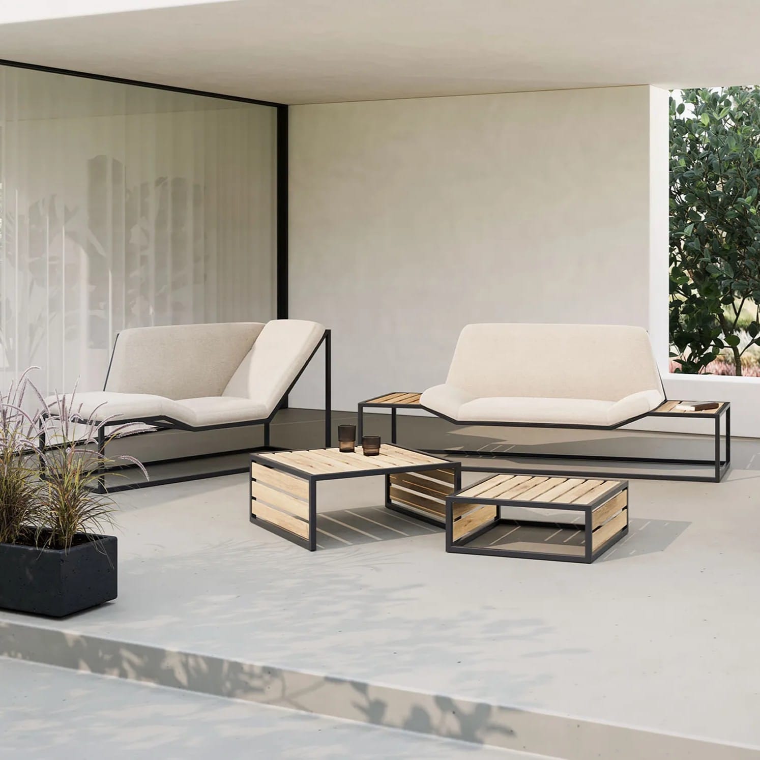 Original terrace set in modern style. Black steel frame and light upholstery, cushions.