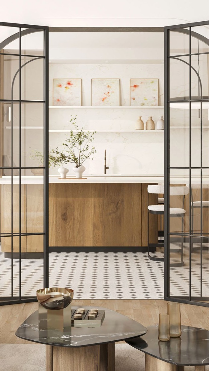 Modern kitchen with wood and stone. French styled door.