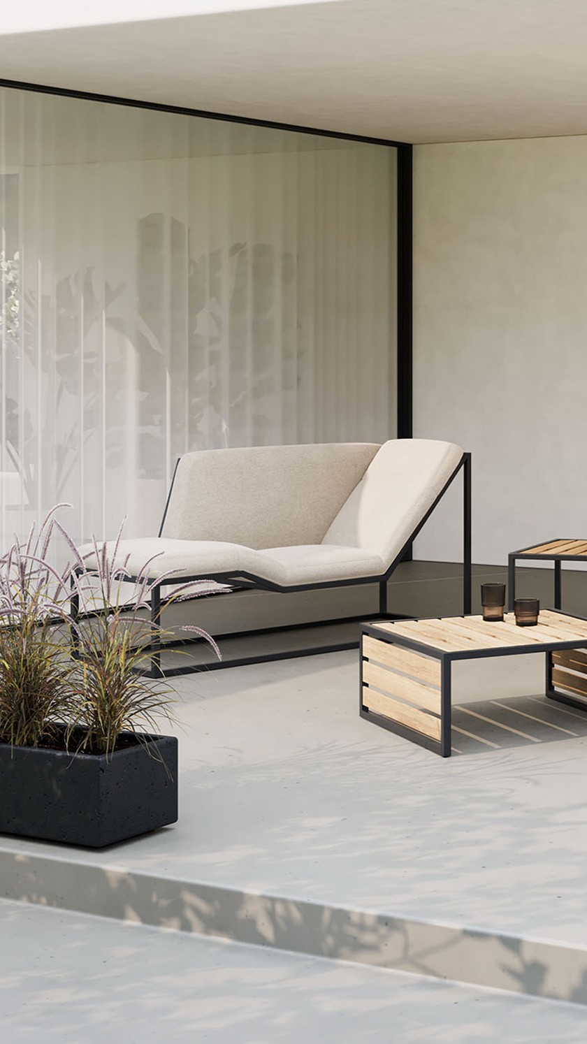 Modern set – Terrace furniture with black frame and beige upholstery.