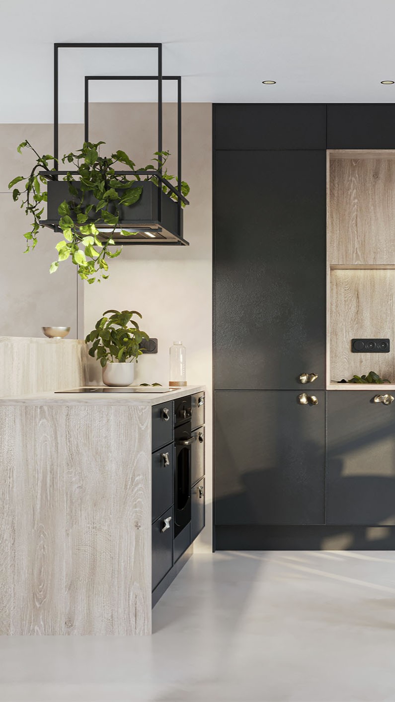 Design of an open black kitchen and living room – modern interior in Mikołów.